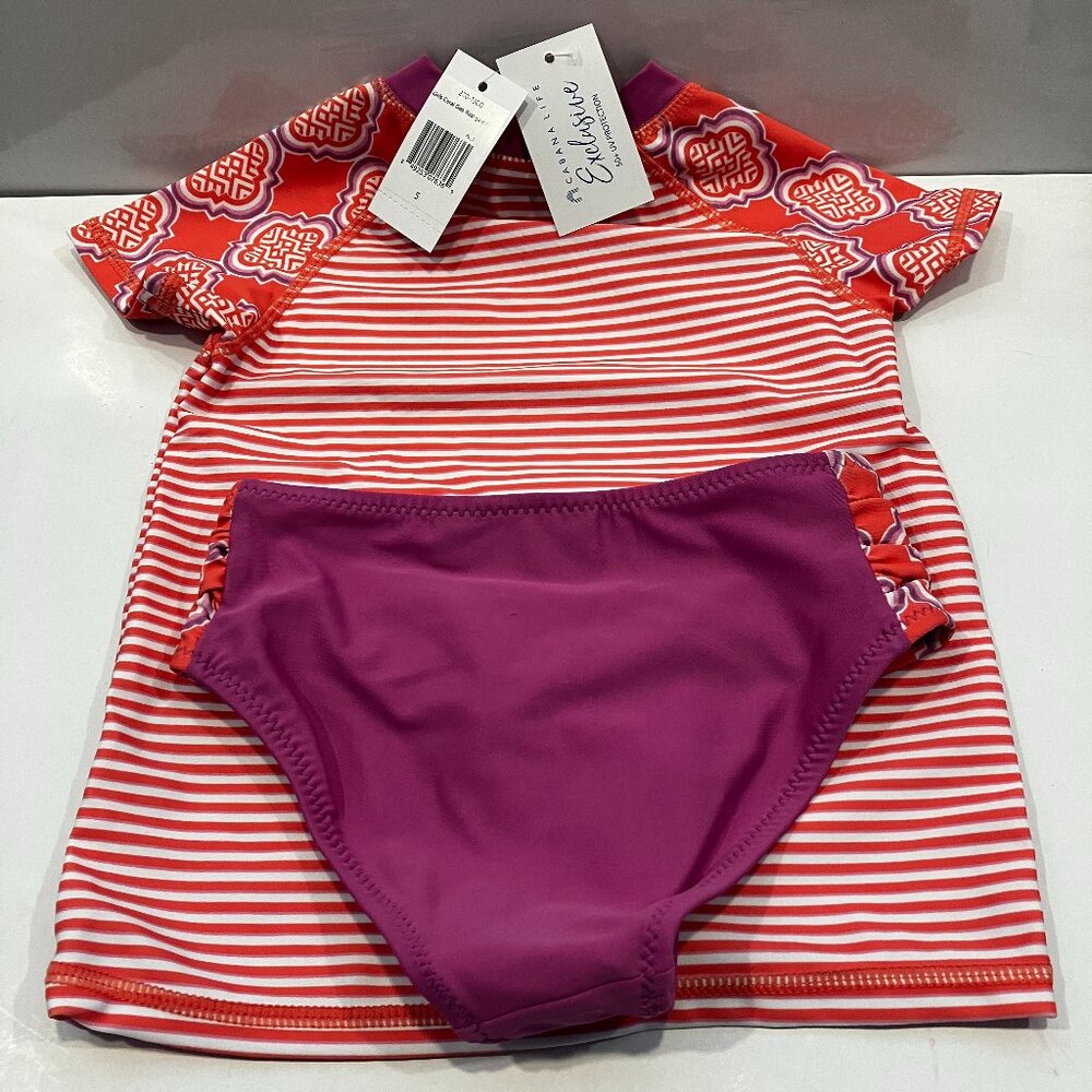 Cabana Life Girl's Sz 5 Rashguard STRIPED Swimsuit UPF 50+ 2 Pc Top + Bottoms